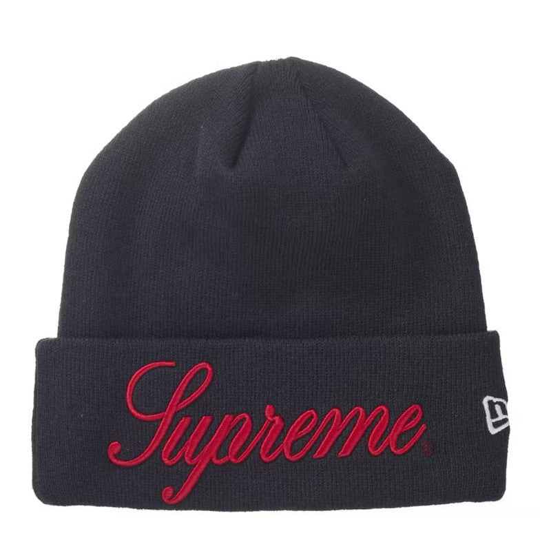 Supreme x New Era Script Beanie “Navy/Red” Headwear